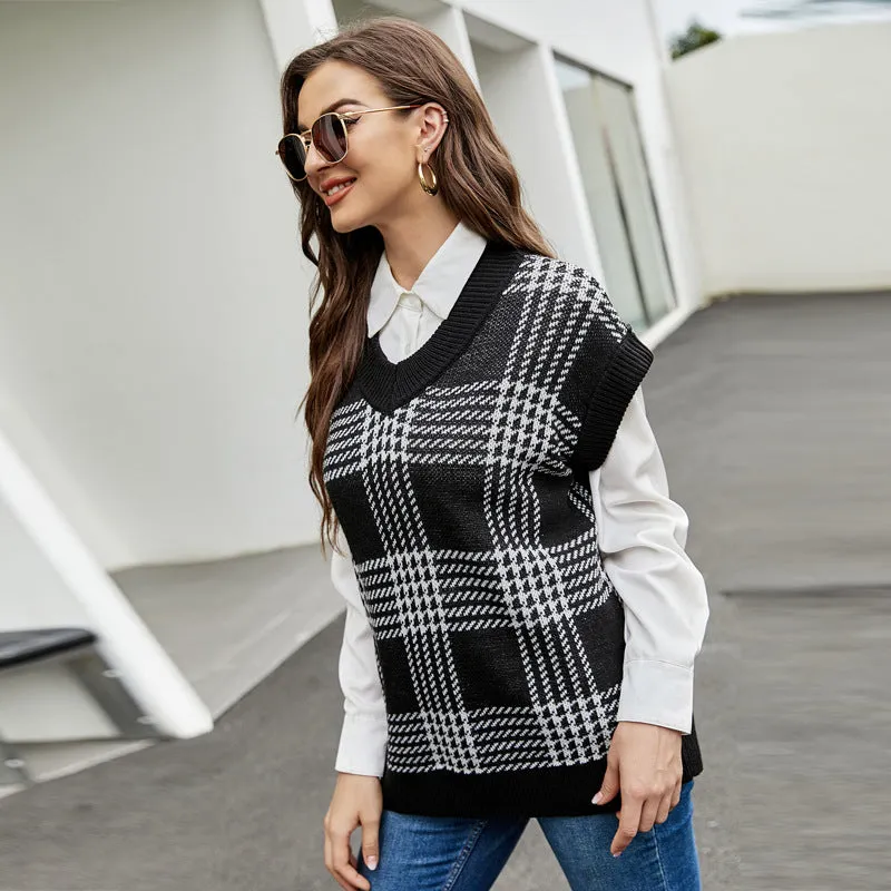 Knitting Gingham V-Neck Loose Sweater Wholesale Vest