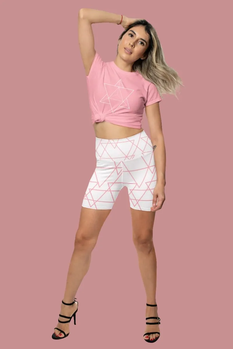 Lavinia Pink Geometry Women Yoga Shorts (High Waistband, 82% Polyester)