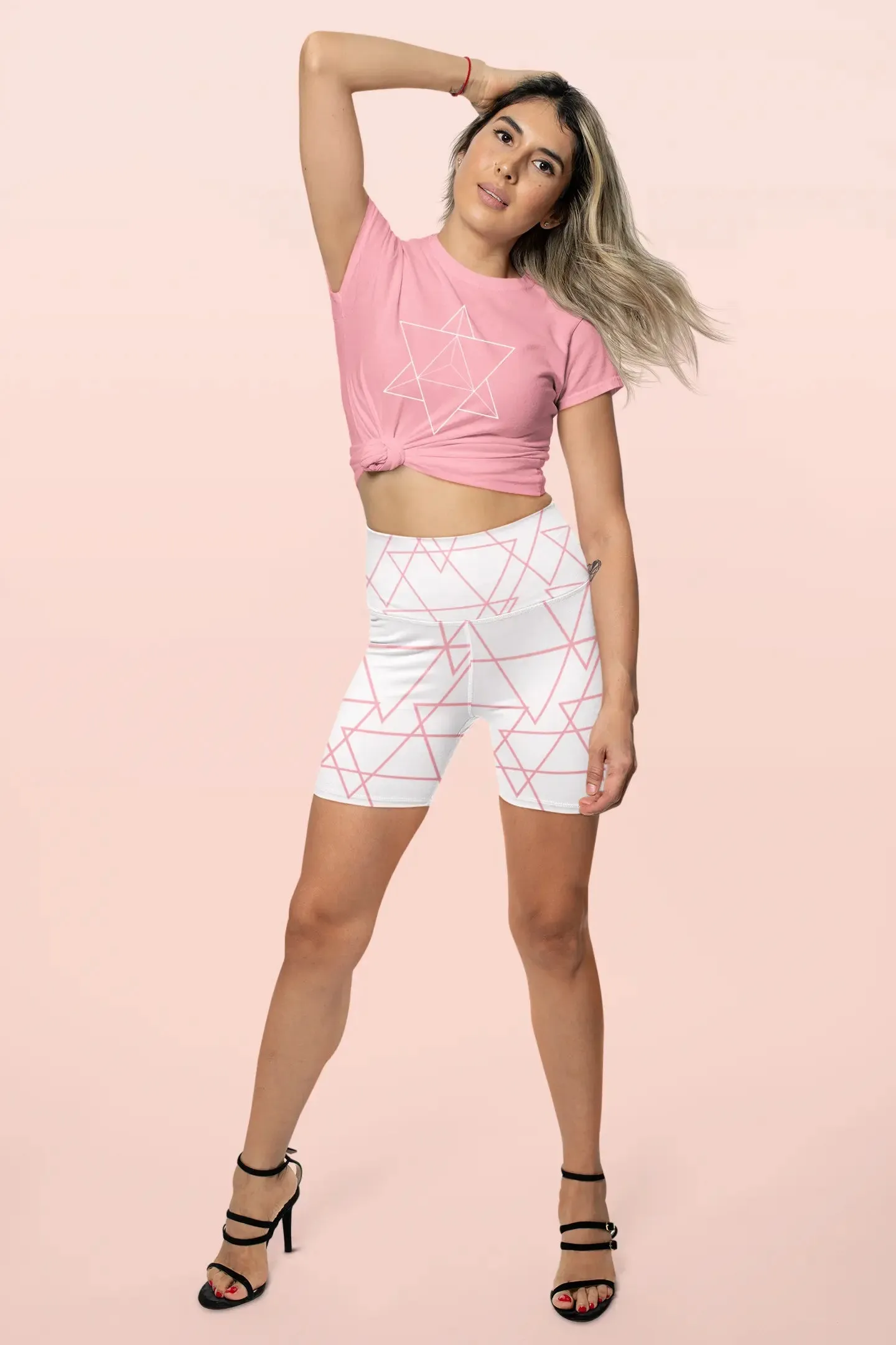 Lavinia Pink Geometry Women Yoga Shorts (High Waistband, 82% Polyester)