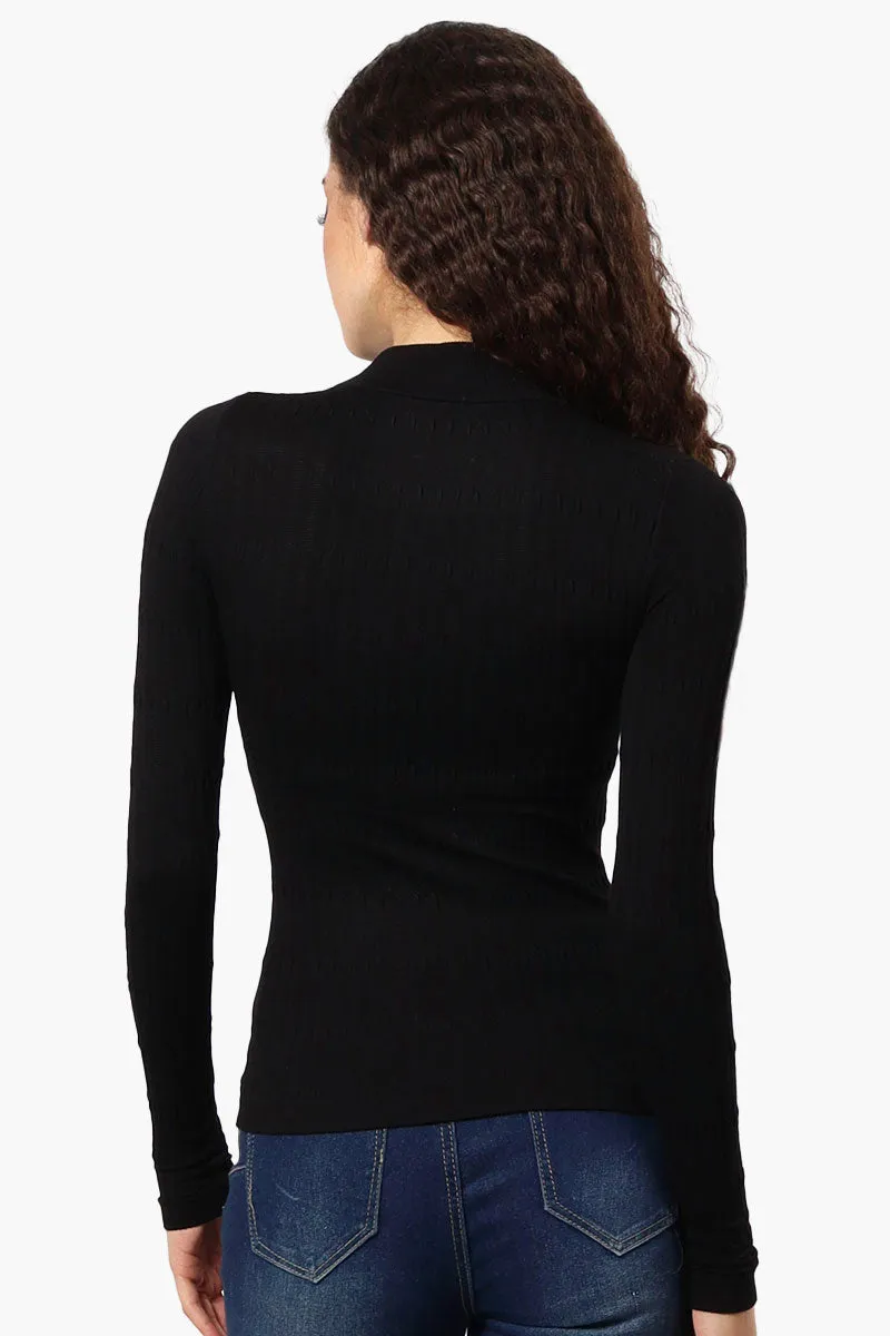 Magazine Ribbed Mock Neck Long Sleeve Top - Black