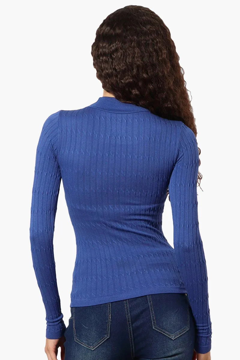 Magazine Ribbed Mock Neck Long Sleeve Top - Blue