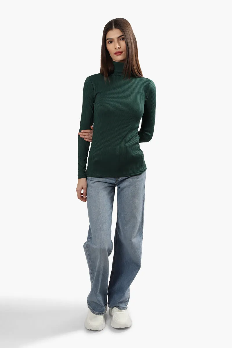 Magazine Ribbed Turtleneck Long Sleeve Top - Green