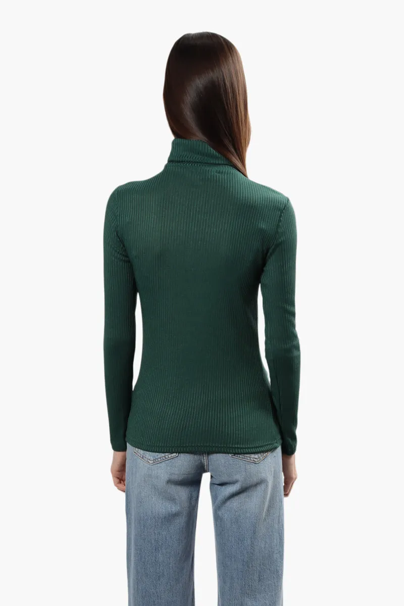 Magazine Ribbed Turtleneck Long Sleeve Top - Green