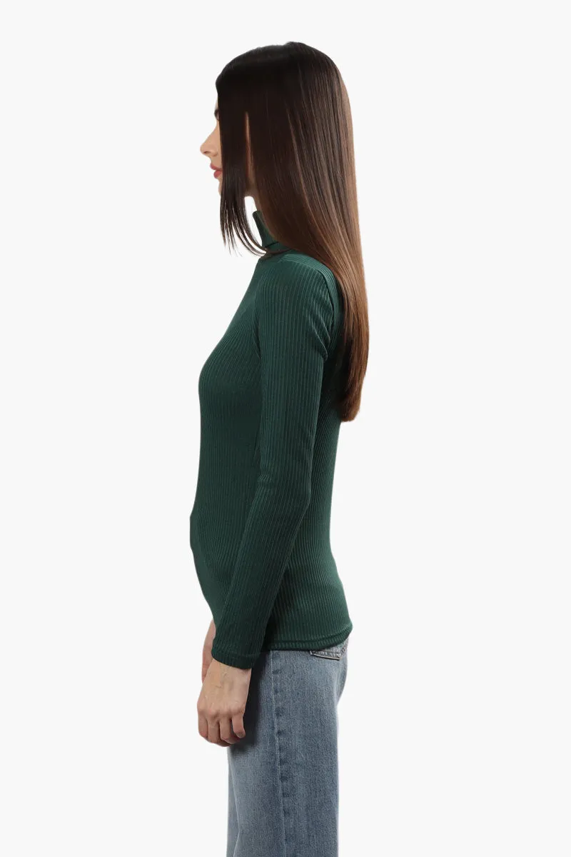 Magazine Ribbed Turtleneck Long Sleeve Top - Green