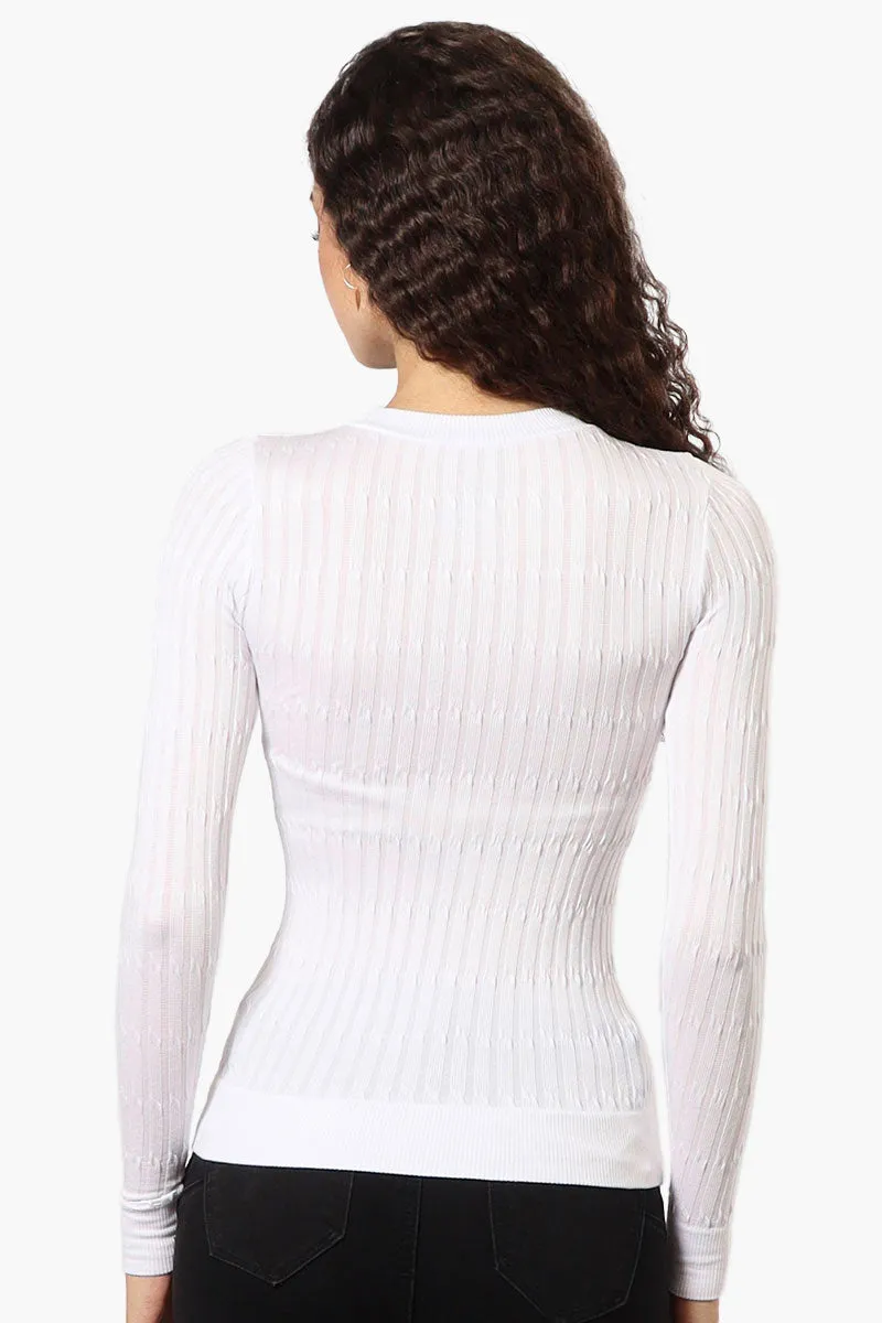 Magazine Solid Ribbed Crewneck Long Sleeve Top - White