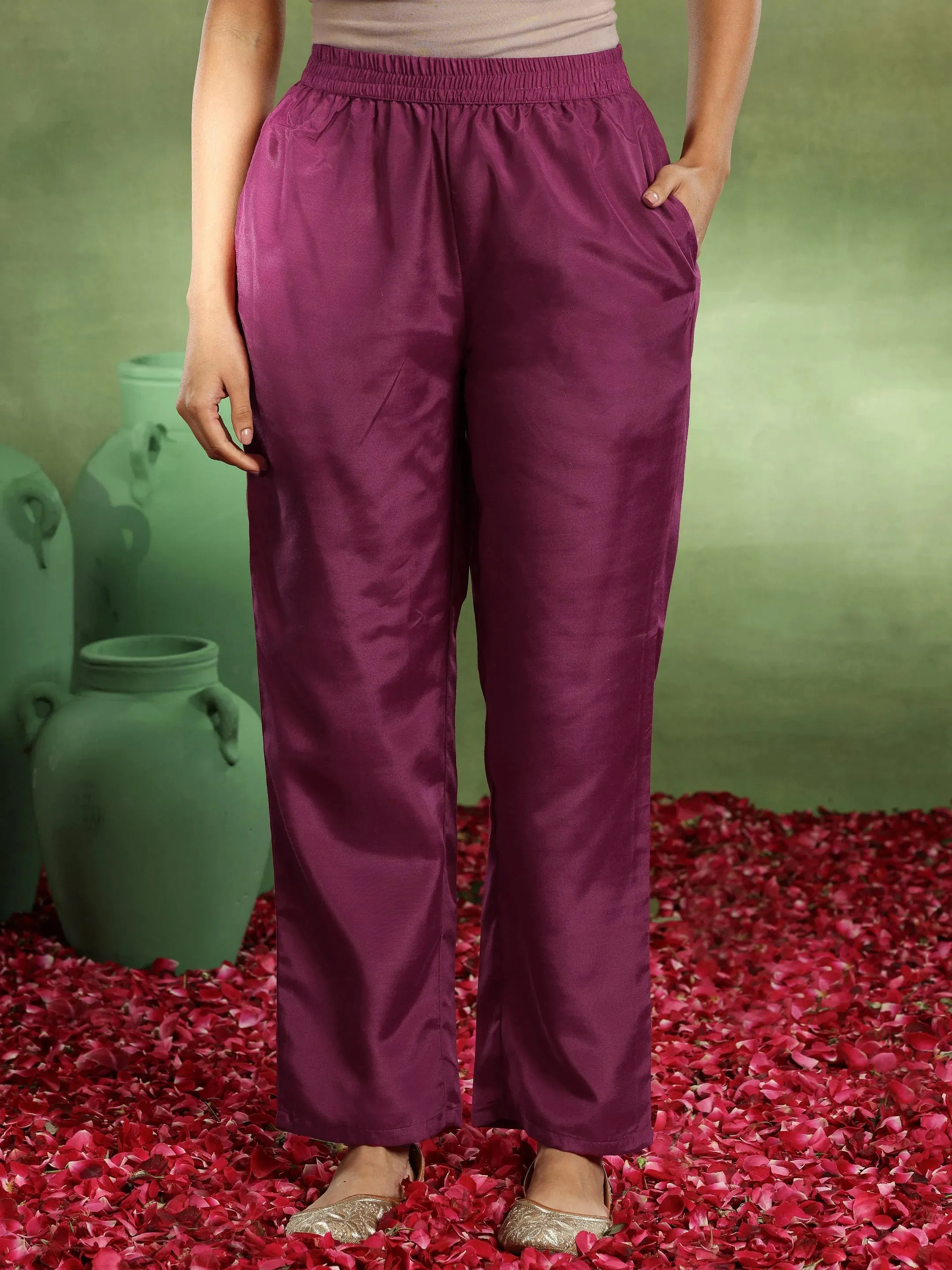 Magenta Printed Silk Blend Straight Suit With Dupatta