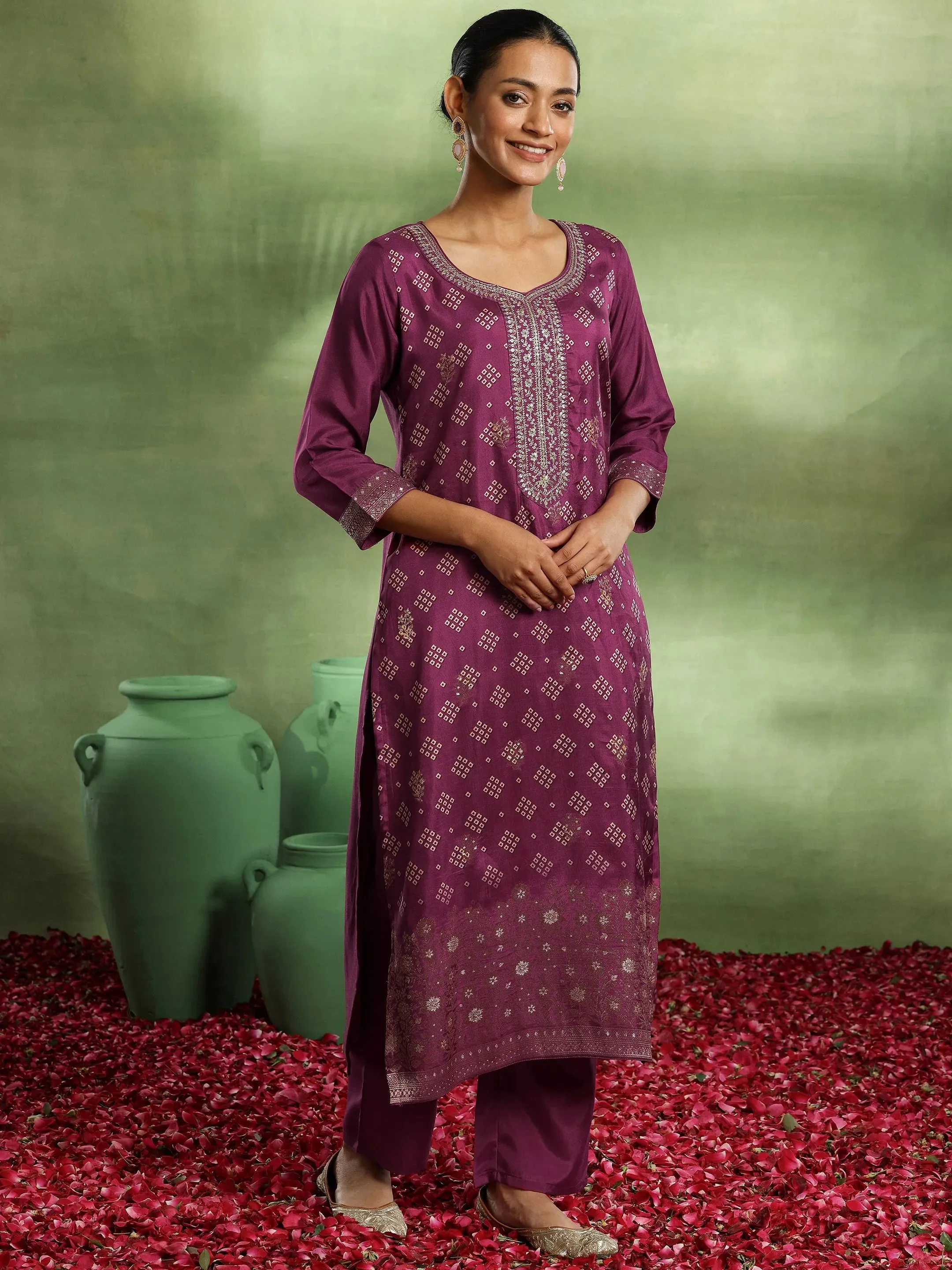 Magenta Printed Silk Blend Straight Suit With Dupatta