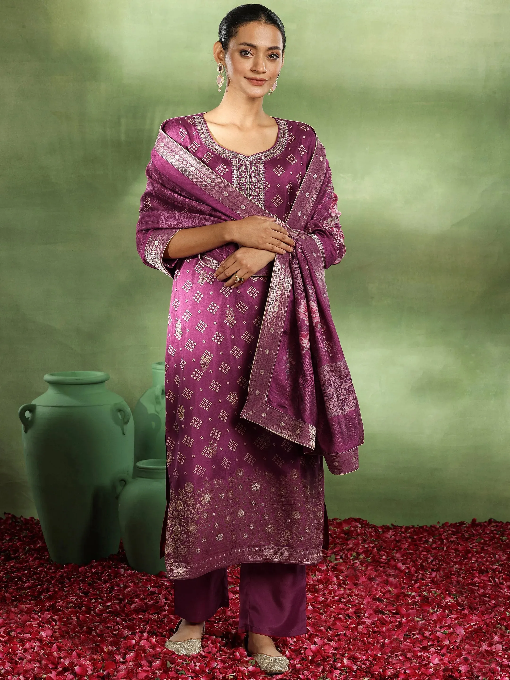 Magenta Printed Silk Blend Straight Suit With Dupatta