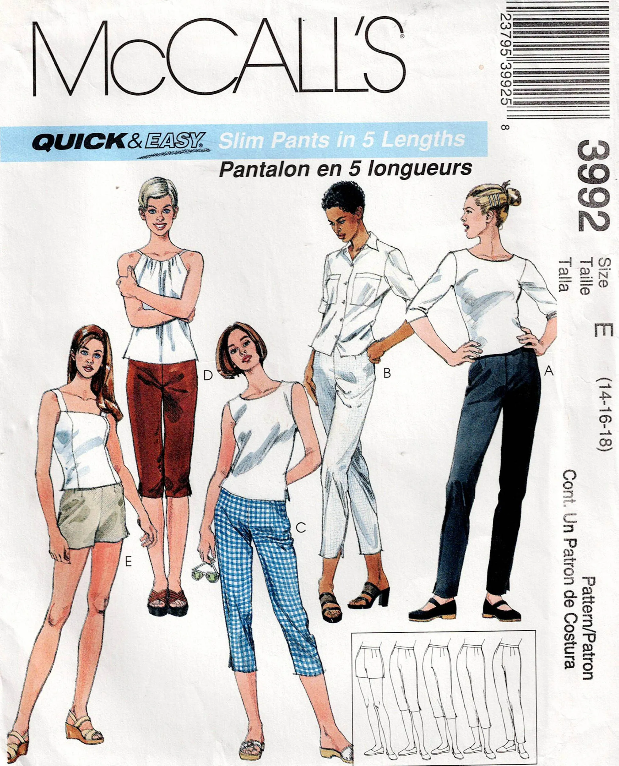 McCall's 3992 Womens EASY Slim Pants in 5 Lengths Out Of Print Sewing Pattern Sizes 14 - 18 UNCUT Factory Folded