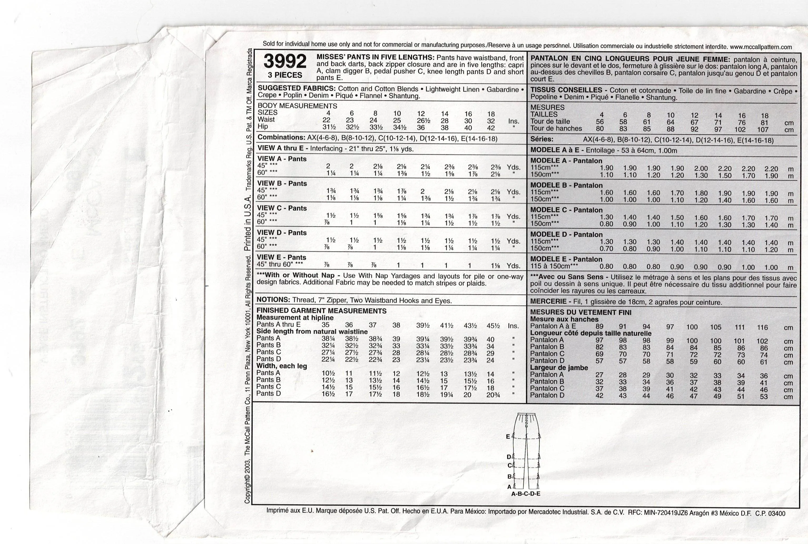 McCall's 3992 Womens EASY Slim Pants in 5 Lengths Out Of Print Sewing Pattern Sizes 14 - 18 UNCUT Factory Folded