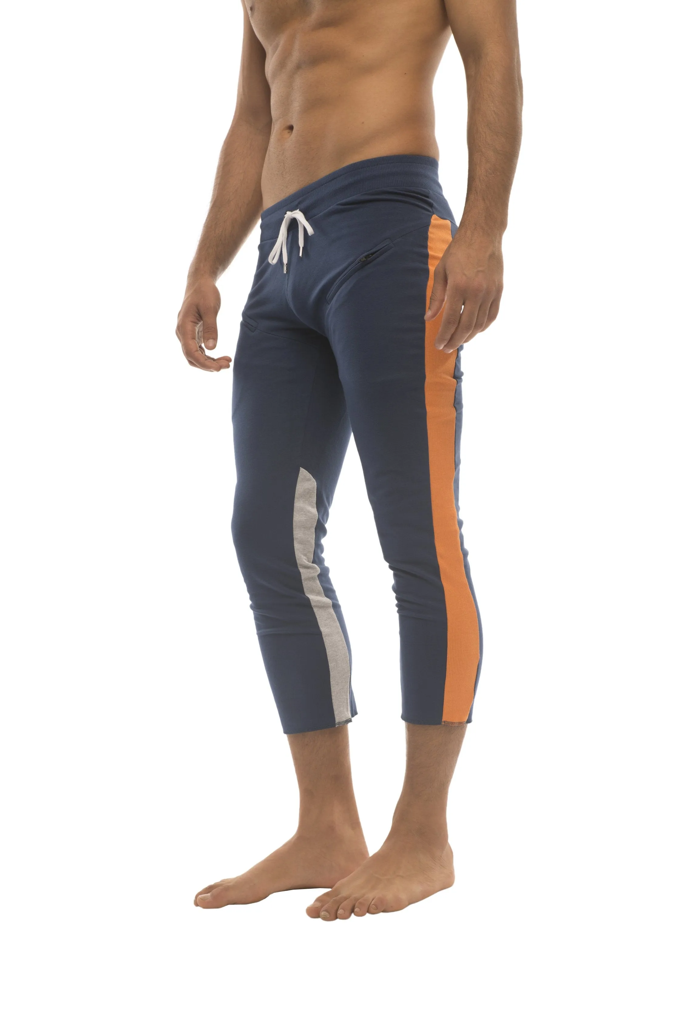 Mens 4/5 Zipper Pocket Capri Yoga Pants (Royal w/Orange & GREY)