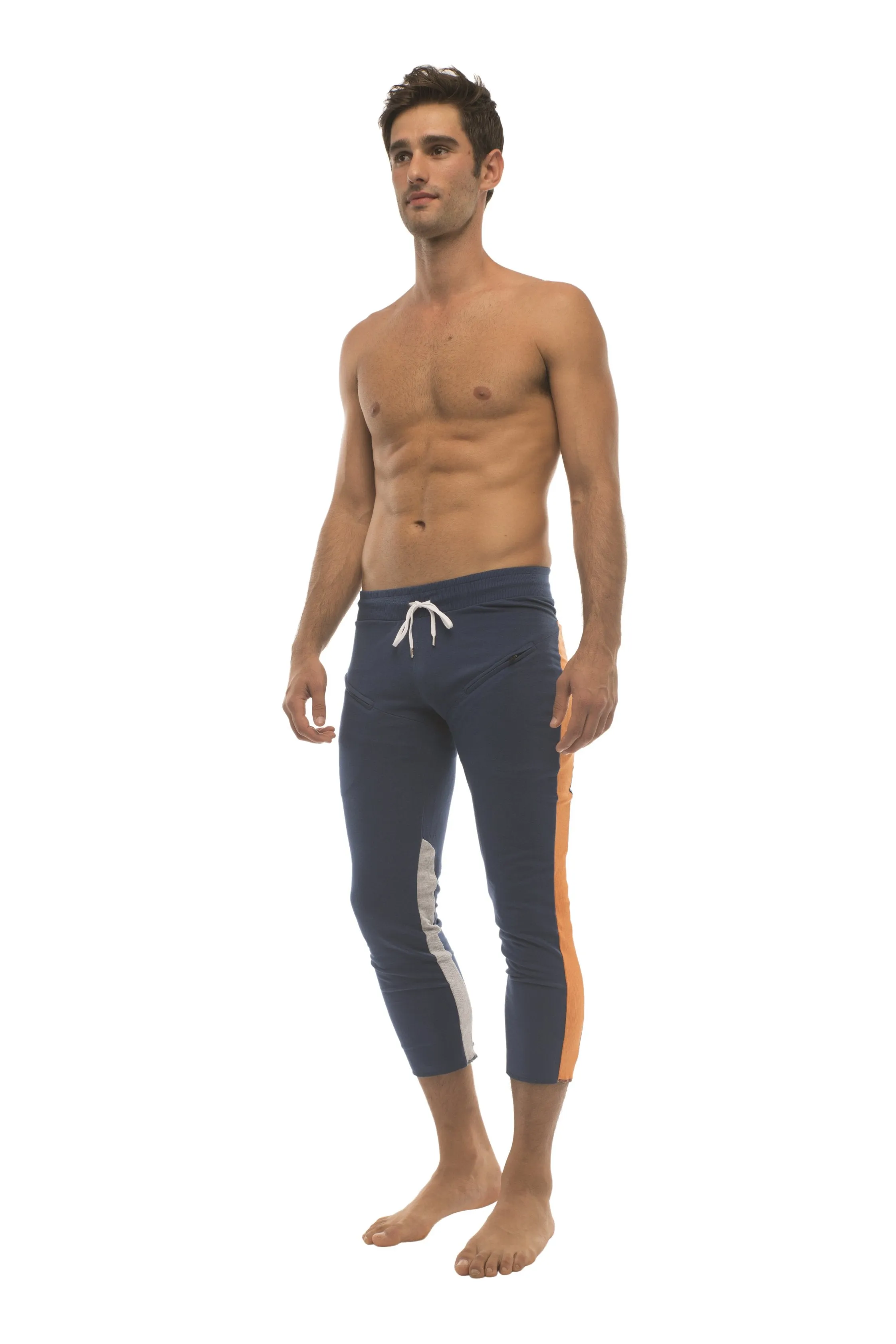 Mens 4/5 Zipper Pocket Capri Yoga Pants (Royal w/Orange & GREY)