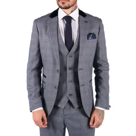 Mens Blue Check Marc Darcy 3 Piece Suit Double Breasted Waistcoat Elbow Patch