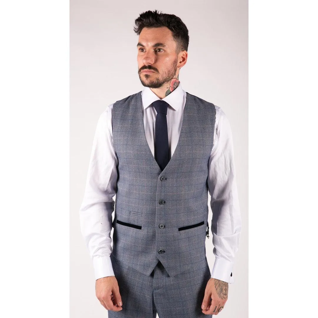 Mens Blue Check Marc Darcy 3 Piece Suit Double Breasted Waistcoat Elbow Patch