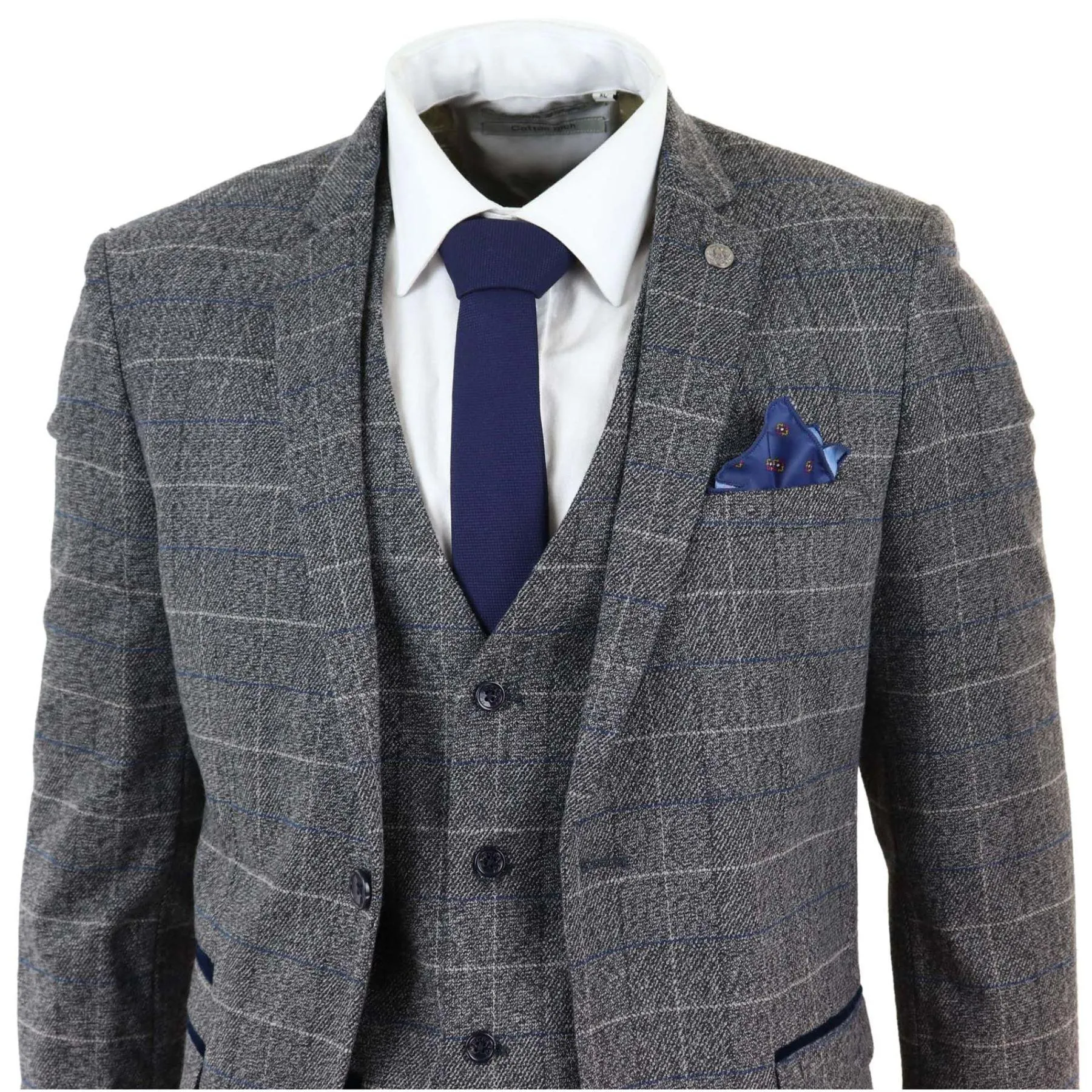 Mens Grey Check 3 Piece Suit Herringbone Tweed Vintage Tailored Fit Blue Velvet