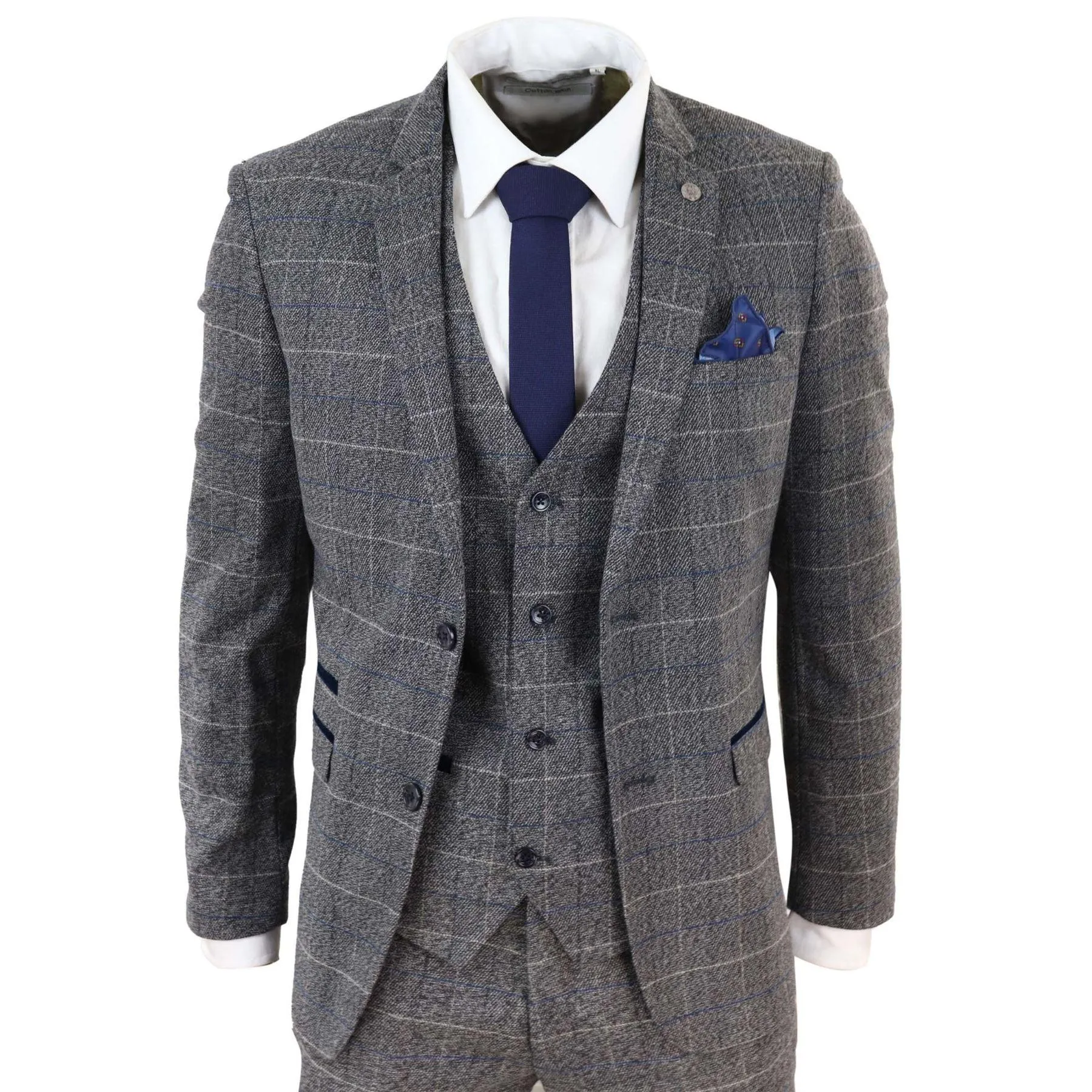 Mens Grey Check 3 Piece Suit Herringbone Tweed Vintage Tailored Fit Blue Velvet