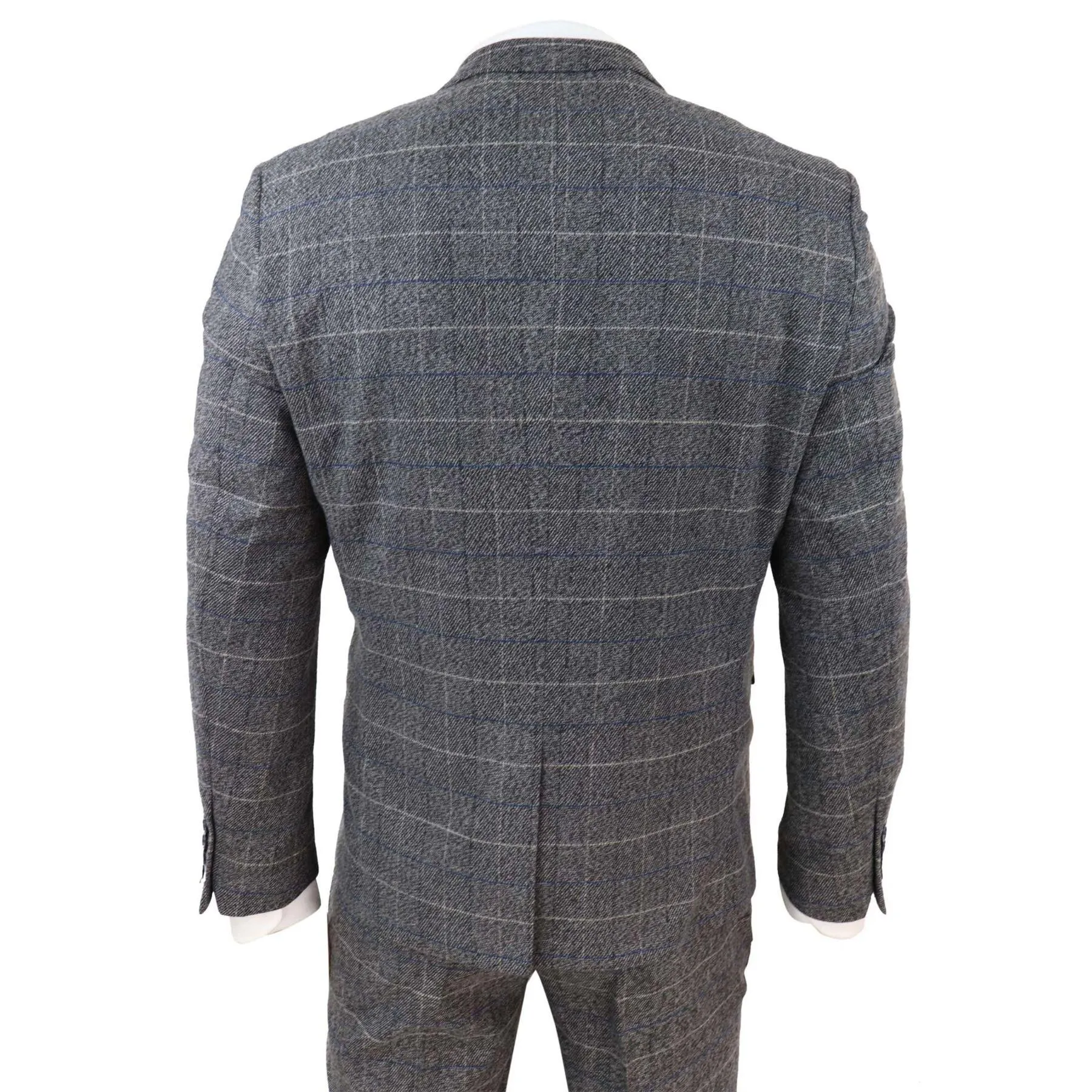 Mens Grey Check 3 Piece Suit Herringbone Tweed Vintage Tailored Fit Blue Velvet