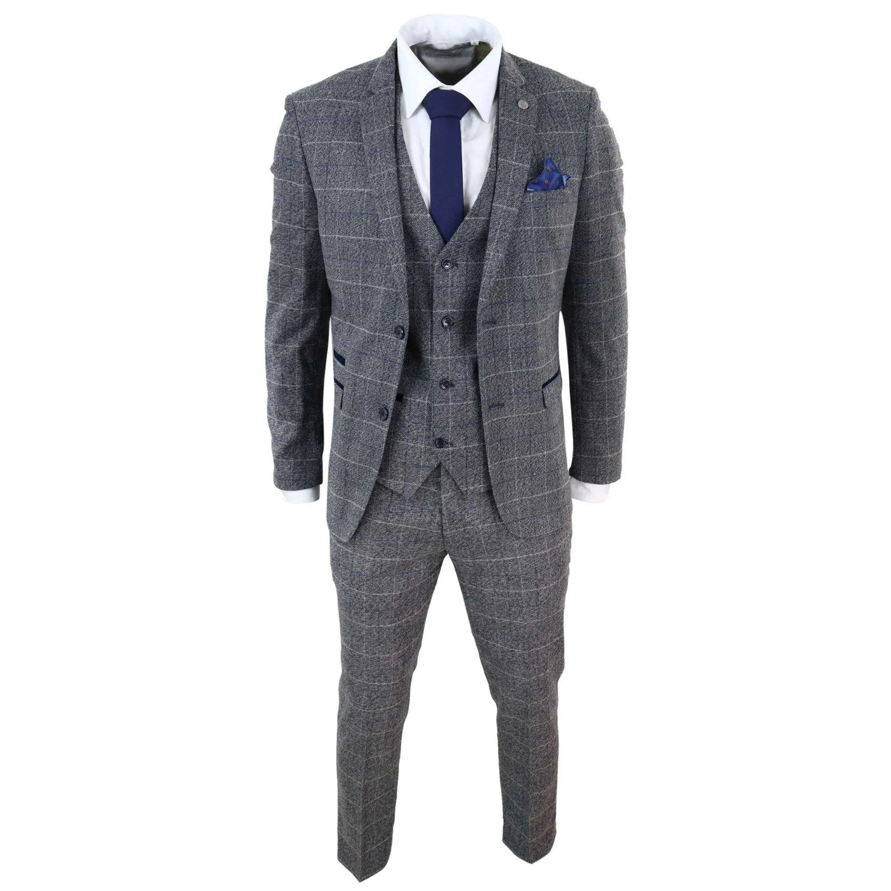 Mens Grey Check 3 Piece Suit Herringbone Tweed Vintage Tailored Fit Blue Velvet