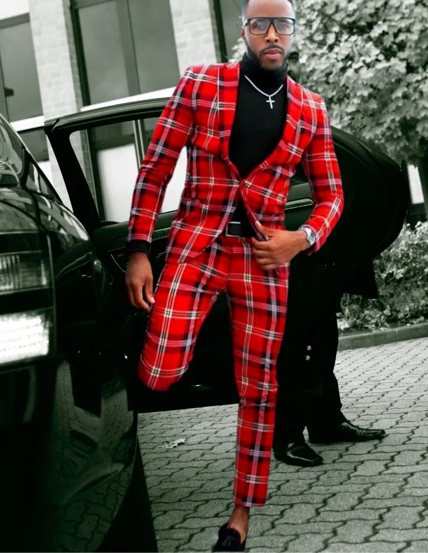 Mens Red Plaid Notched Lapel 2 Pieces Slim Fit Suit Made to order