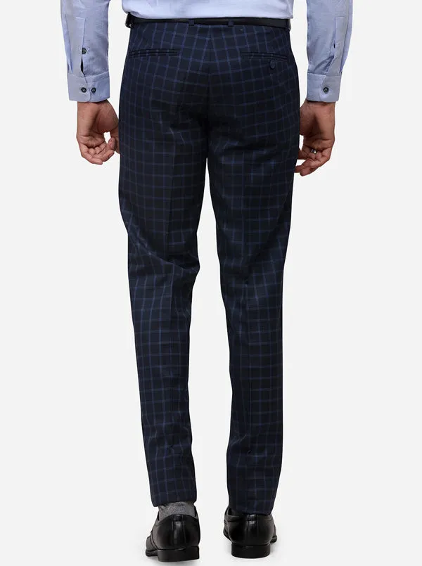 Navy Blue Super Slim Fit Checked Formal Trouser | JadeBlue