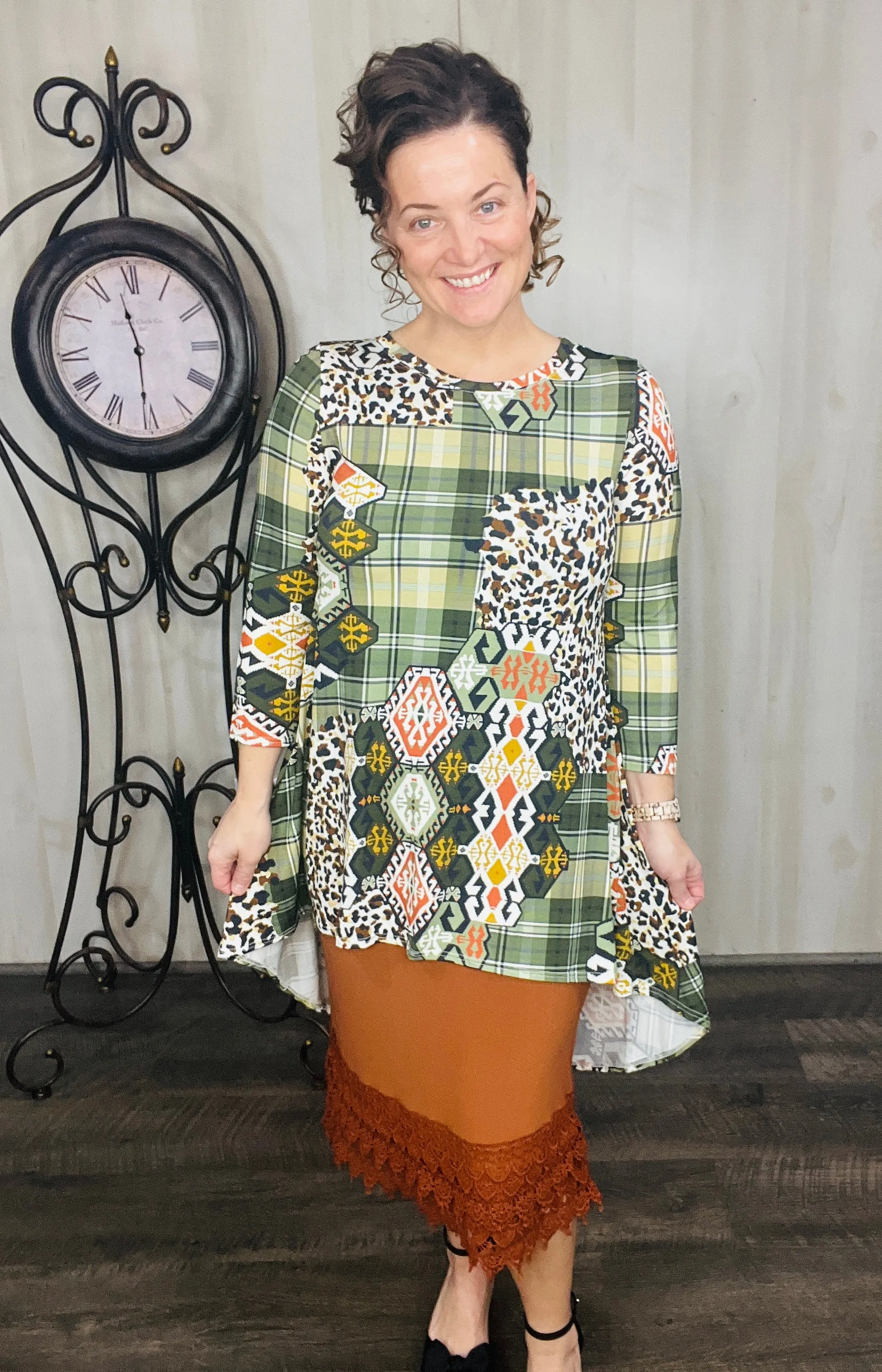 Olive Plaid & Leopard Collide Tunic