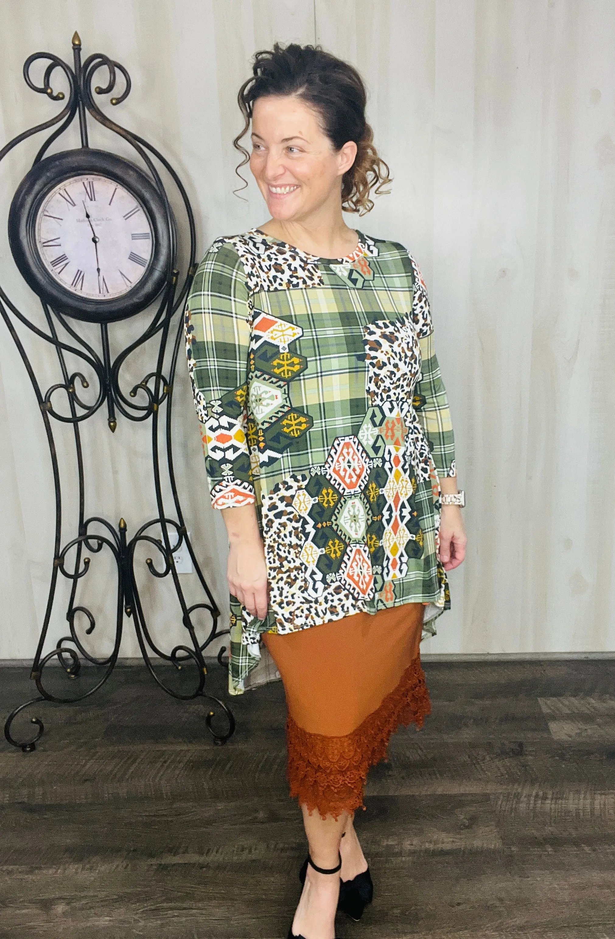 Olive Plaid & Leopard Collide Tunic