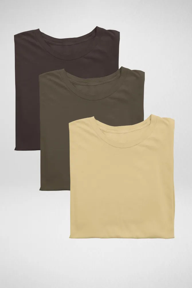 Pack Of 3 Plain T-shirts Coffee Brown Olive Green and Beige for Women