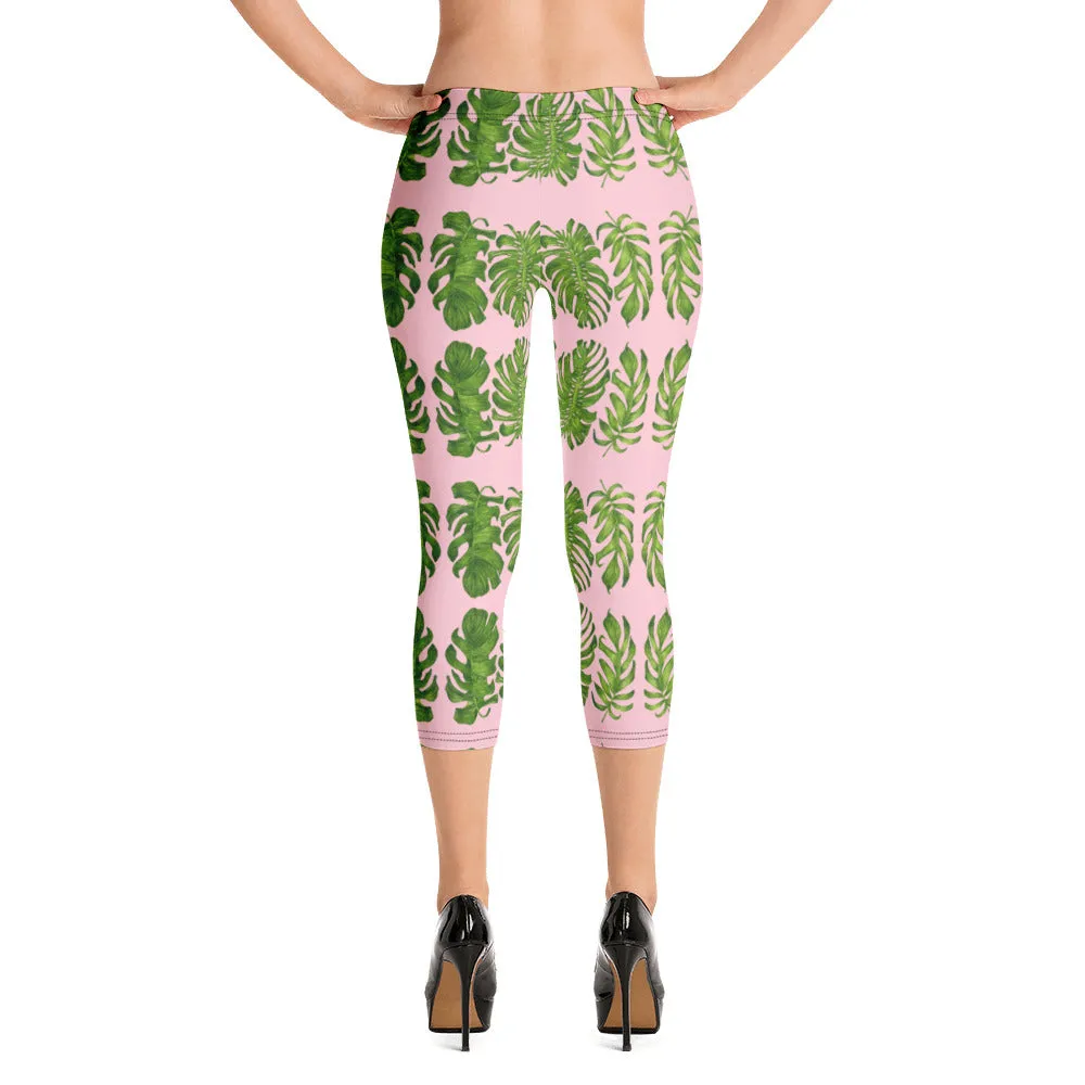 Pink Tropical Leaf Capri Leggings, Nude Pink Hawaiian Style Eve's Capris Casual Tights-Made in USA/EU