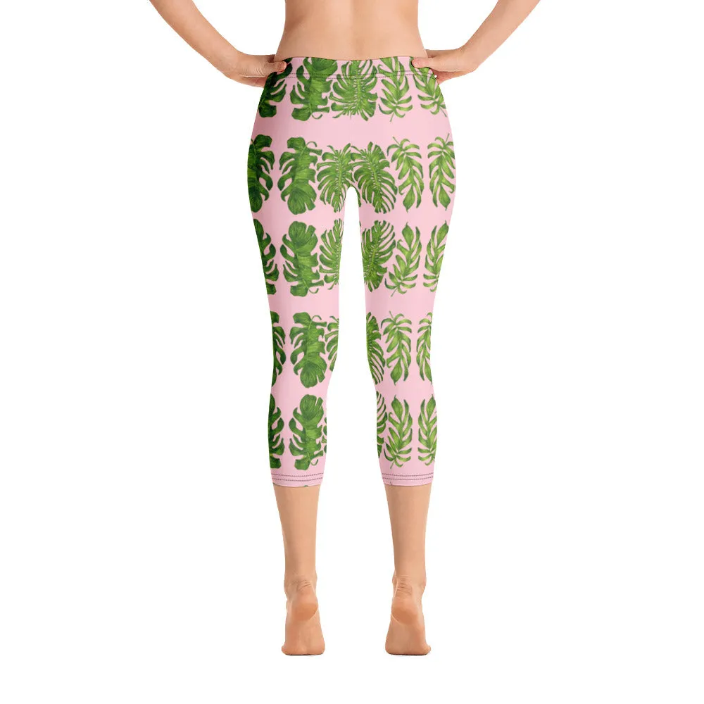 Pink Tropical Leaf Capri Leggings, Nude Pink Hawaiian Style Eve's Capris Casual Tights-Made in USA/EU