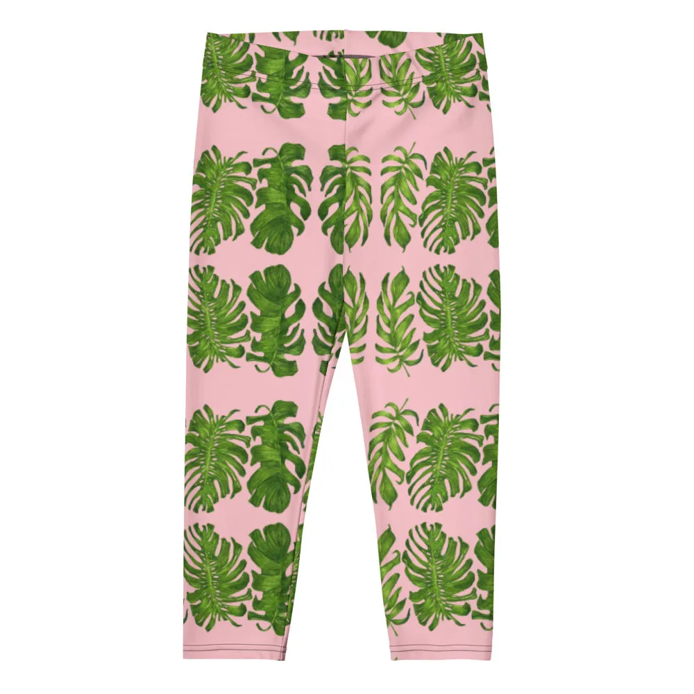 Pink Tropical Leaf Capri Leggings, Nude Pink Hawaiian Style Eve's Capris Casual Tights-Made in USA/EU