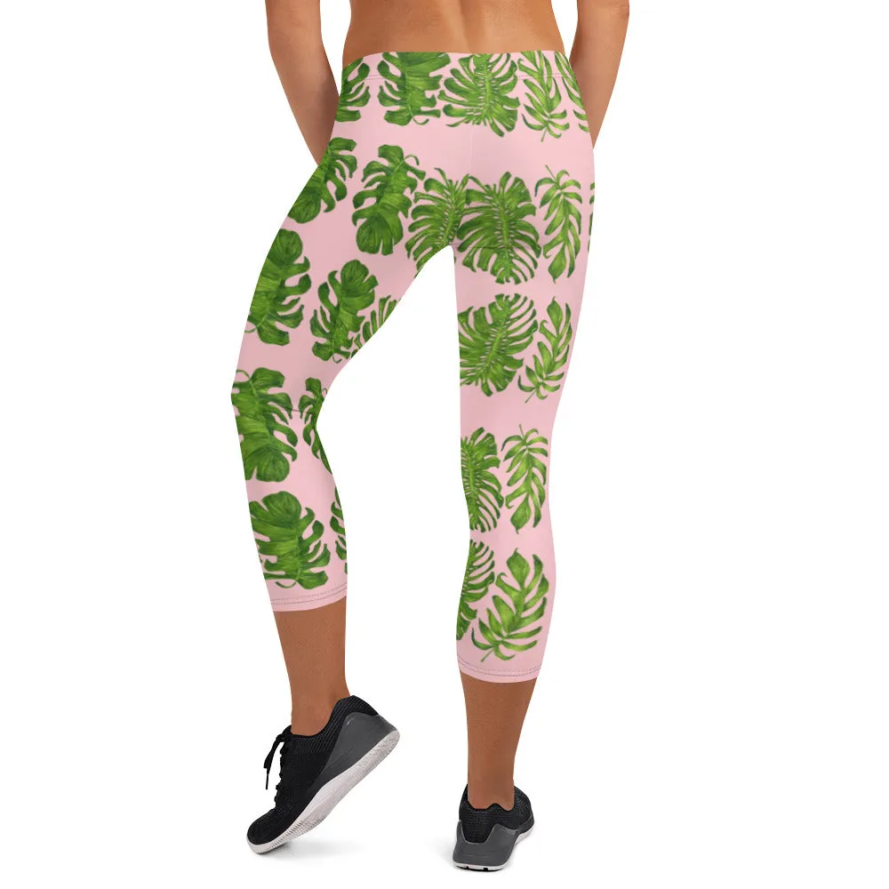 Pink Tropical Leaf Capri Leggings, Nude Pink Hawaiian Style Eve's Capris Casual Tights-Made in USA/EU