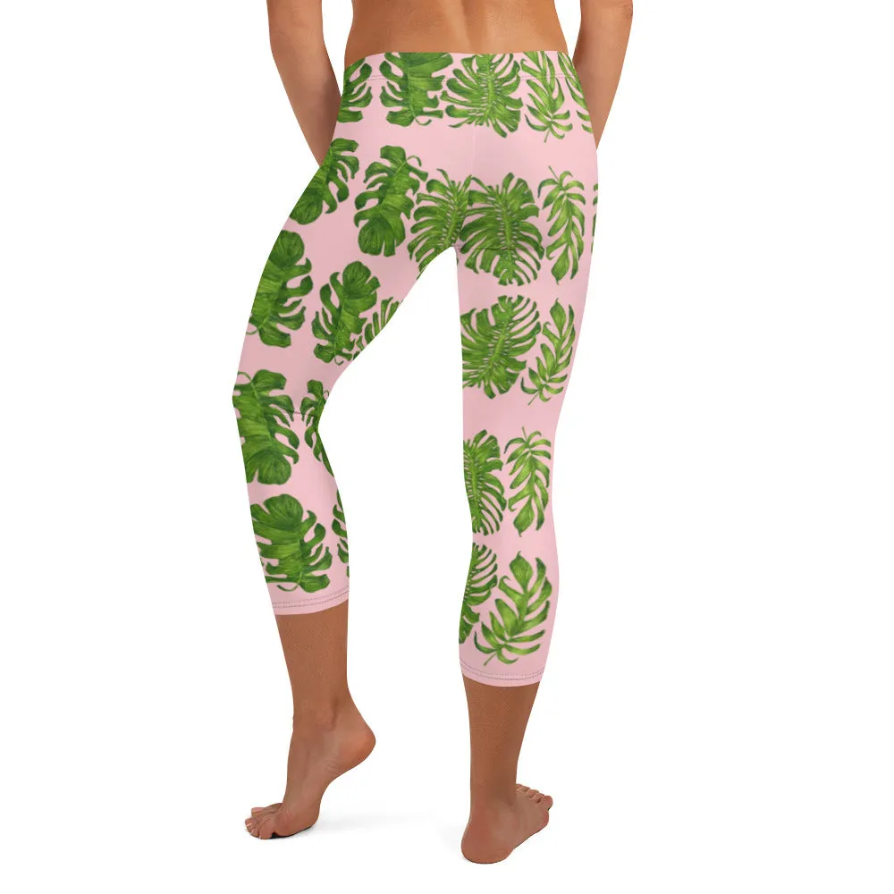 Pink Tropical Leaf Capri Leggings, Nude Pink Hawaiian Style Eve's Capris Casual Tights-Made in USA/EU