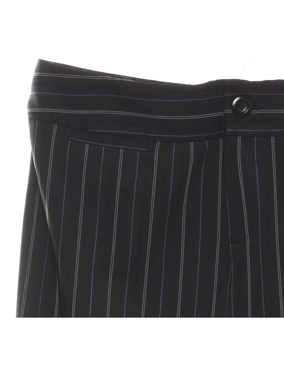 Pinstriped Black & Blue Wide-Leg Trousers - W36 L31