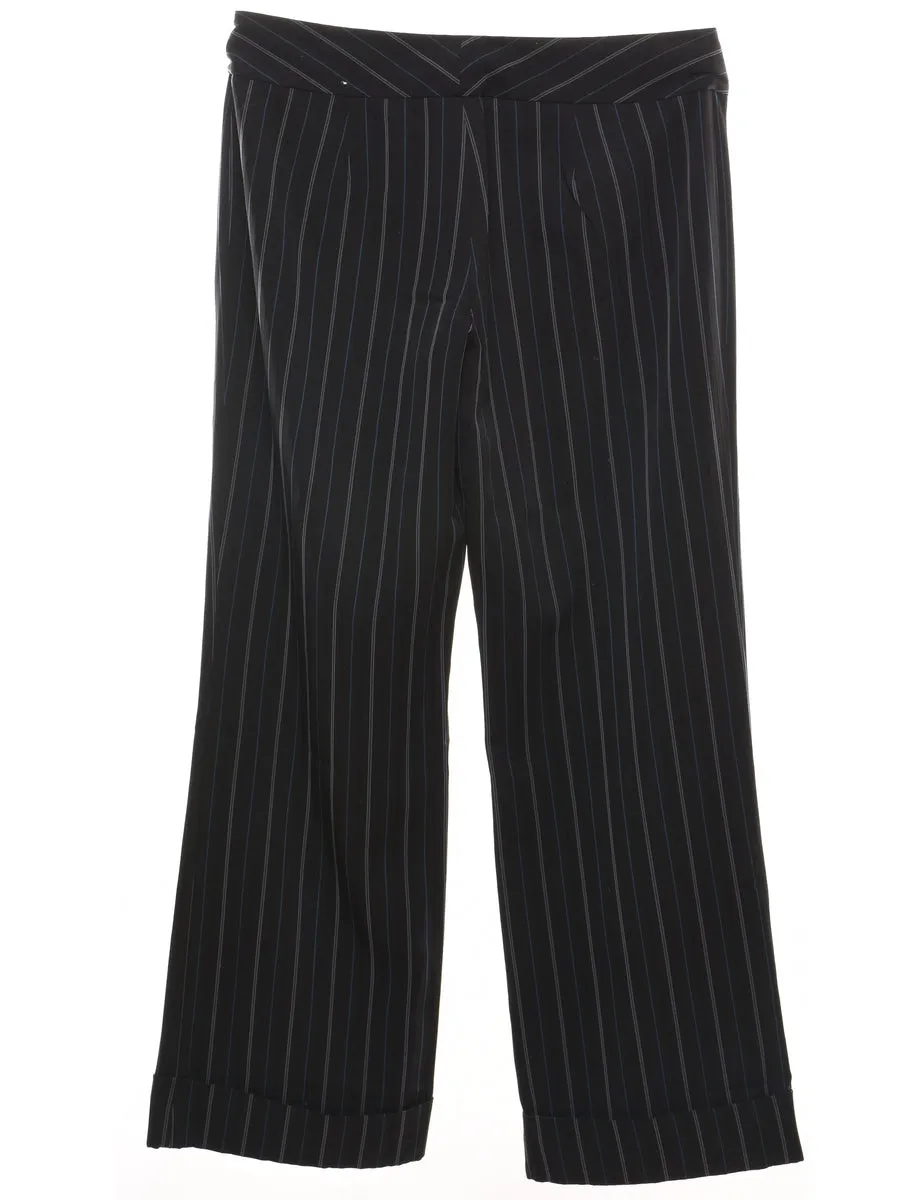 Pinstriped Black & Blue Wide-Leg Trousers - W36 L31