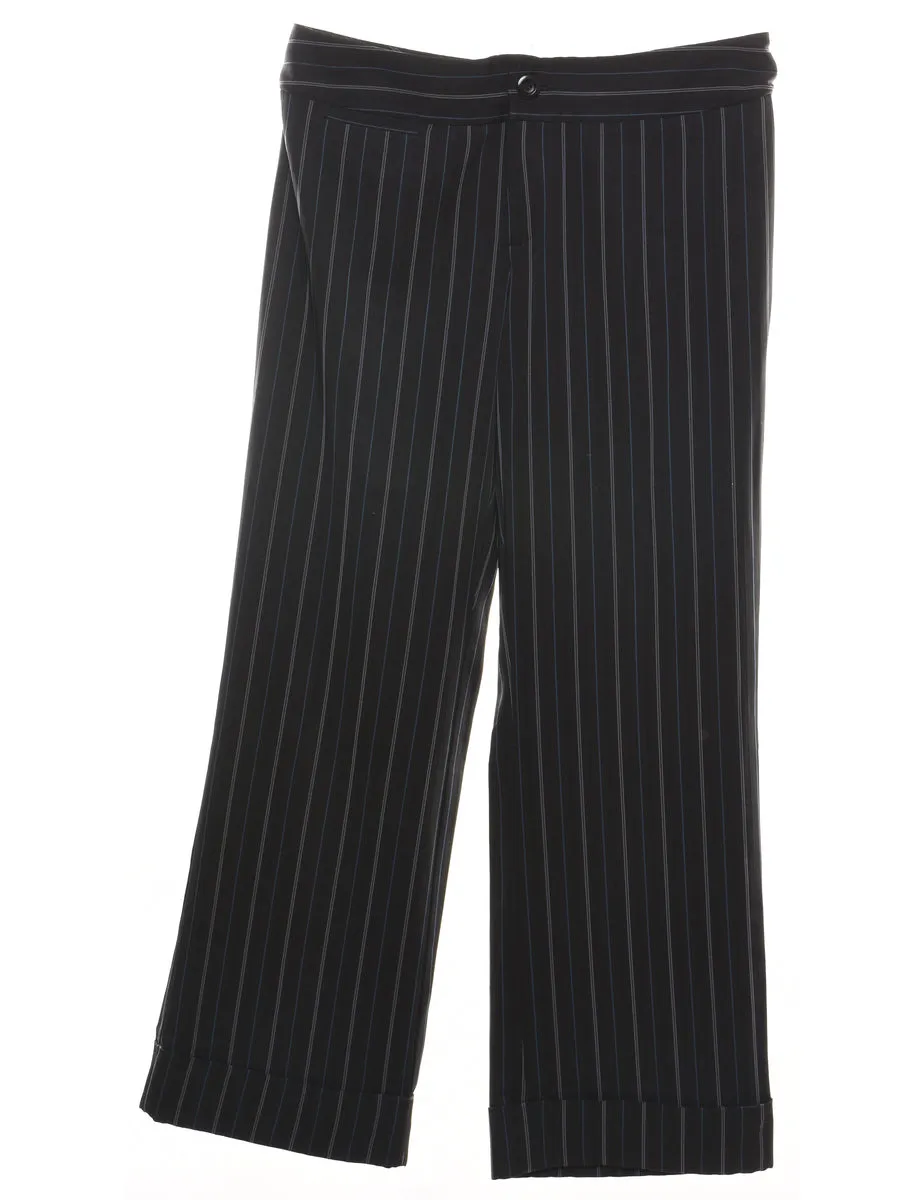 Pinstriped Black & Blue Wide-Leg Trousers - W36 L31