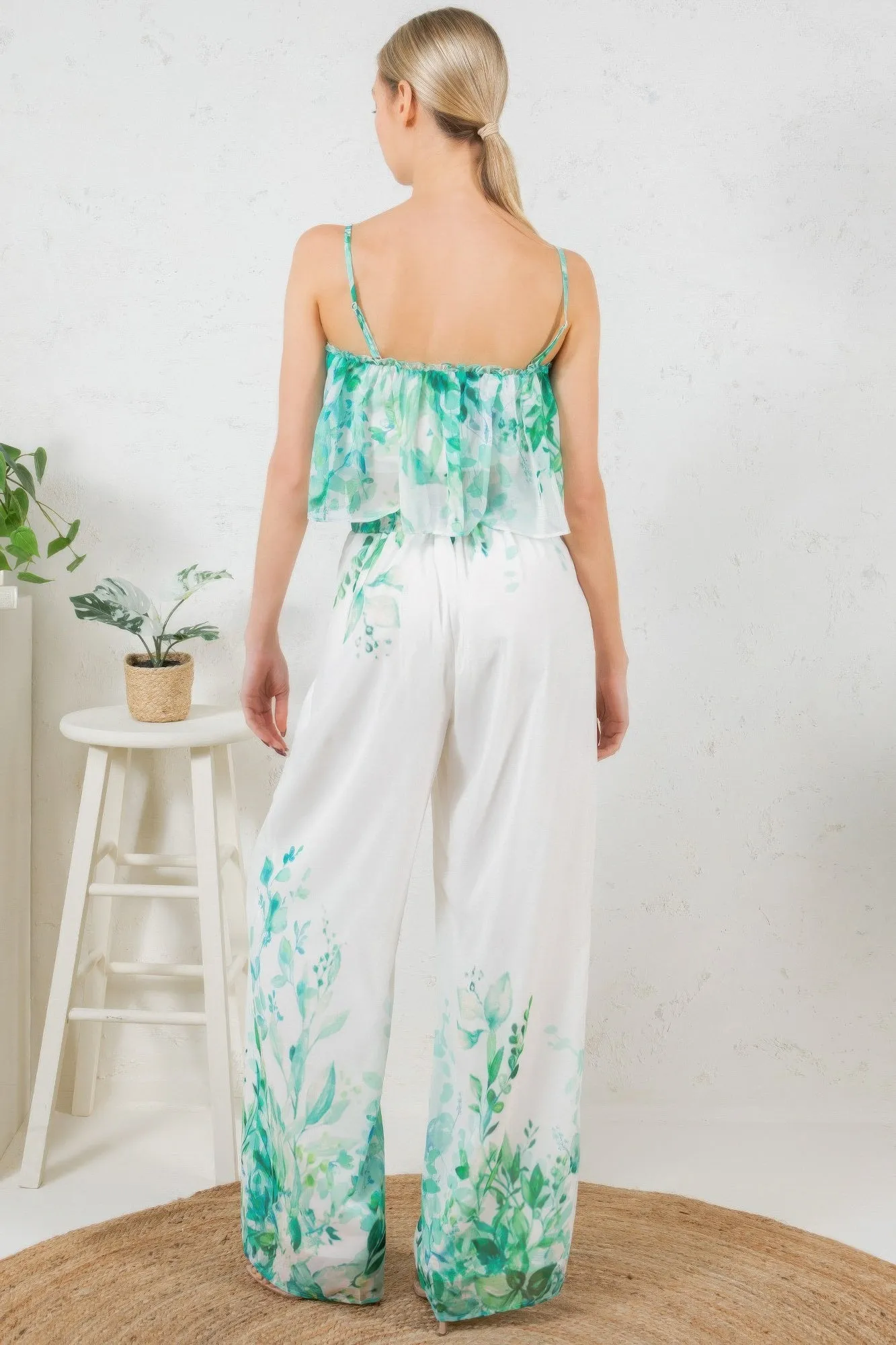 Printed Crop Top & Wide Leg Long Pants Set