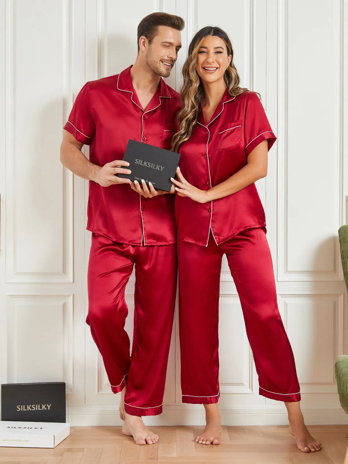 Pure Silk Short Sleeve Couple Pajama Sets Total 4Pcs