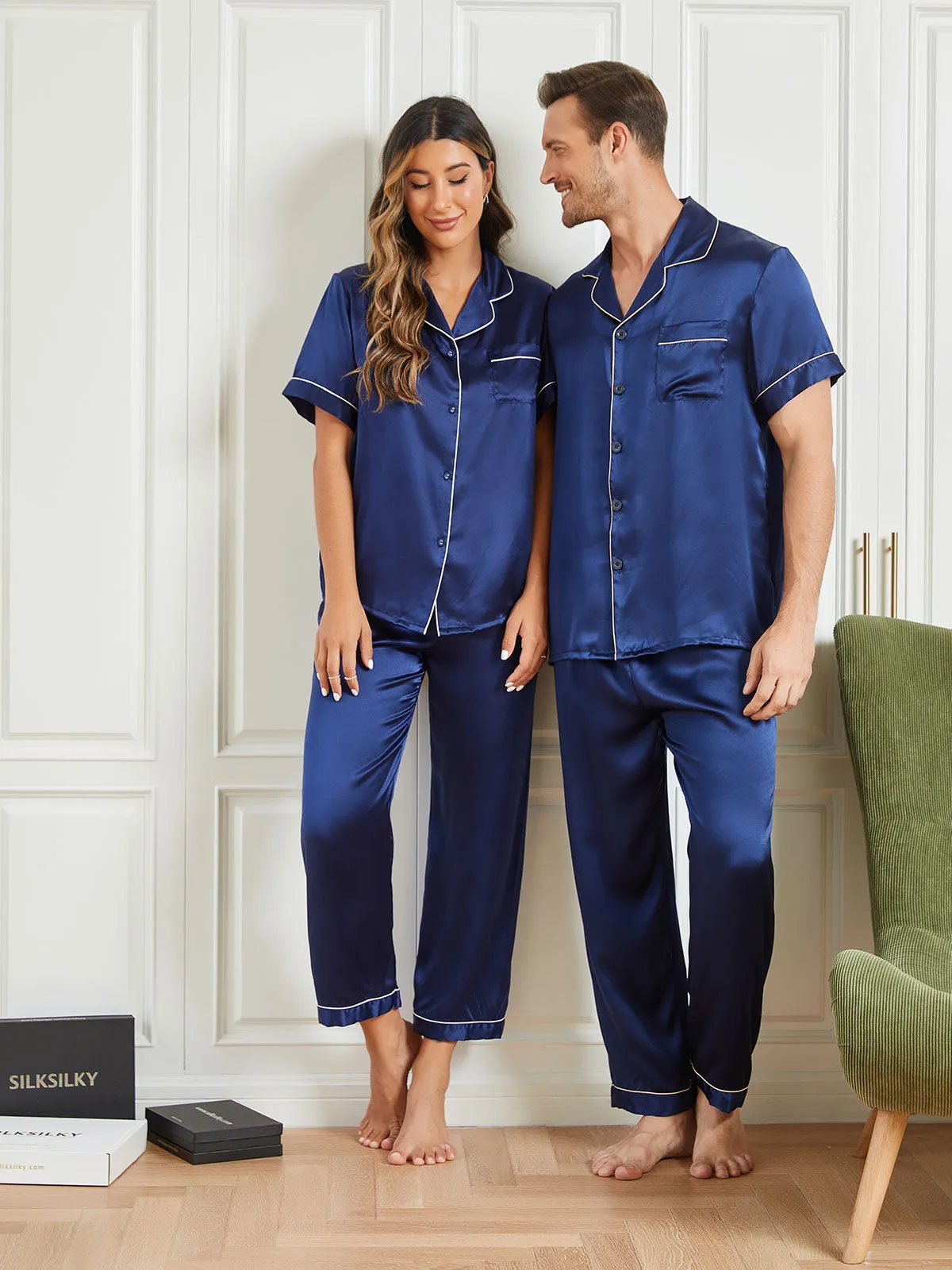 Pure Silk Short Sleeve Couple Pajama Sets Total 4Pcs