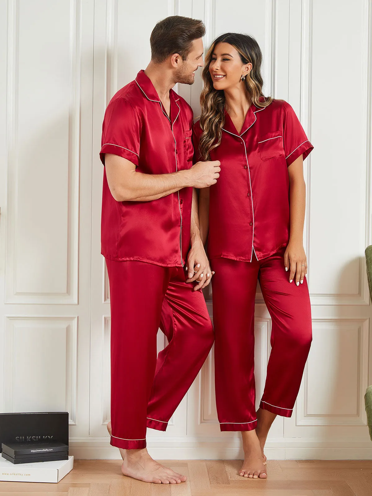 Pure Silk Short Sleeve Couple Pajama Sets Total 4Pcs