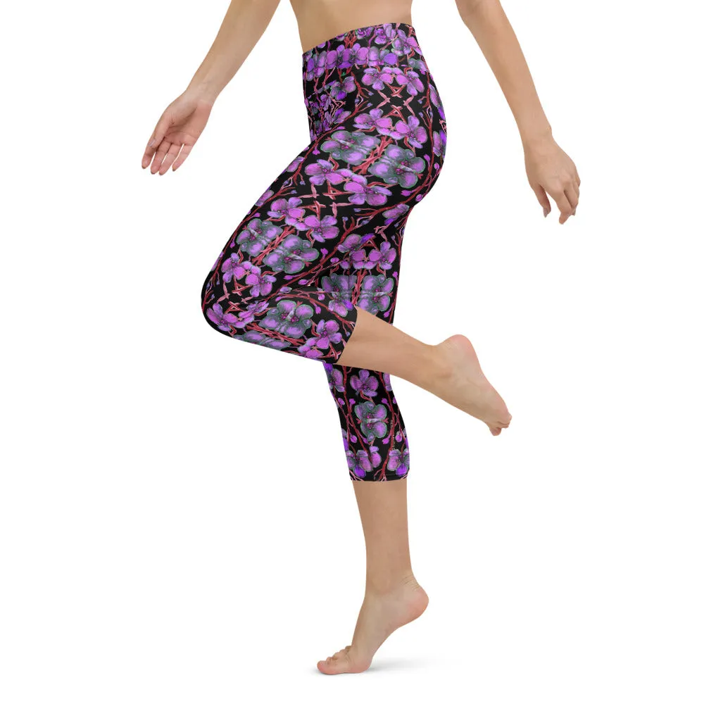 Purple Orchid Yoga Capri Leggings, Women's Floral Print Capris Tights-Made in USA/EU