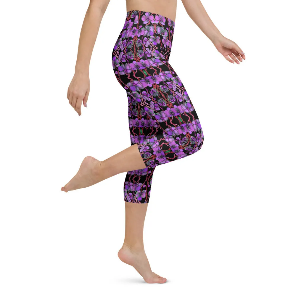 Purple Orchid Yoga Capri Leggings, Women's Floral Print Capris Tights-Made in USA/EU