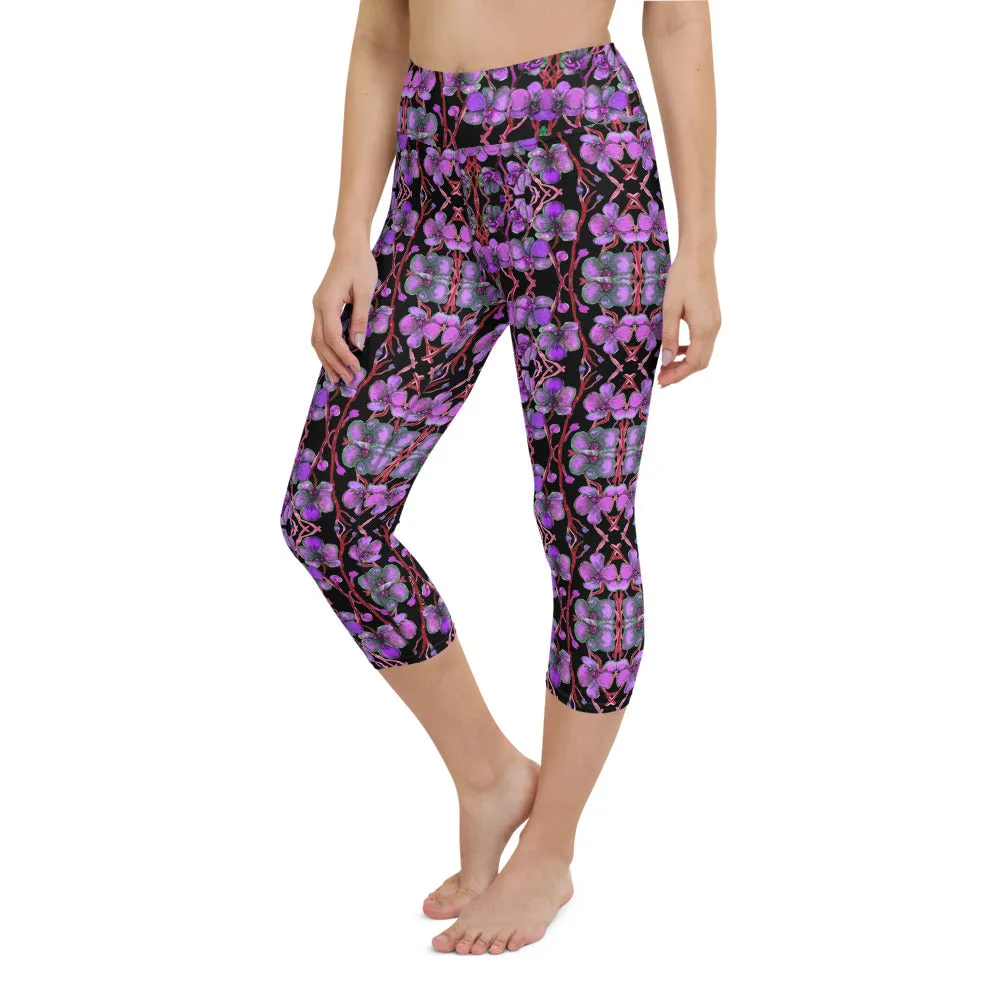 Purple Orchid Yoga Capri Leggings, Women's Floral Print Capris Tights-Made in USA/EU