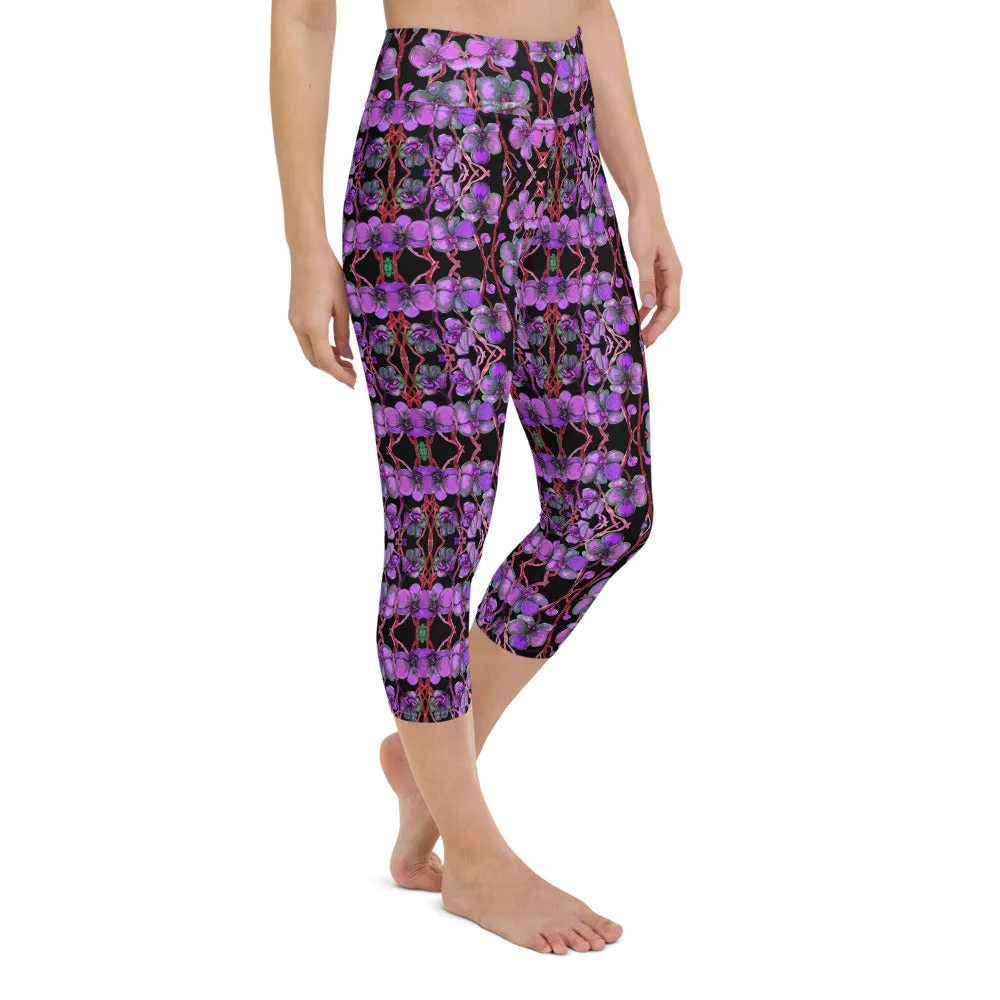 Purple Orchid Yoga Capri Leggings, Women's Floral Print Capris Tights-Made in USA/EU