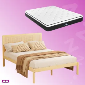 Queen Package | Rita Rattan Wooden Bed Frame Pine & Bonita Euro Top Mattress (Medium Firm)