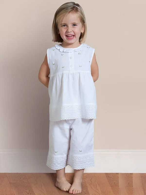 Rosie White Cotton Girls 2-Piece Pants Set, Embroidered