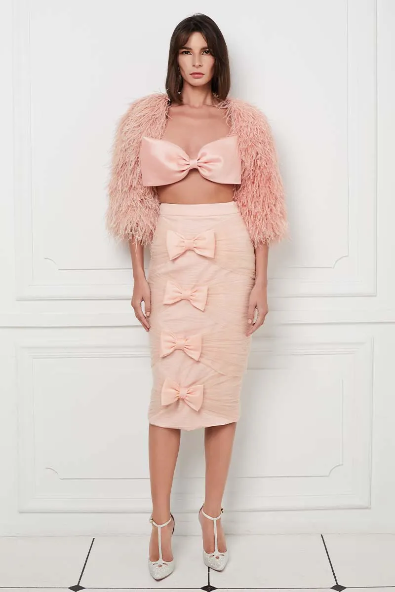 Silk Gazar Ribbon Embellished Draped Tulle Pencil Skirt in Pink