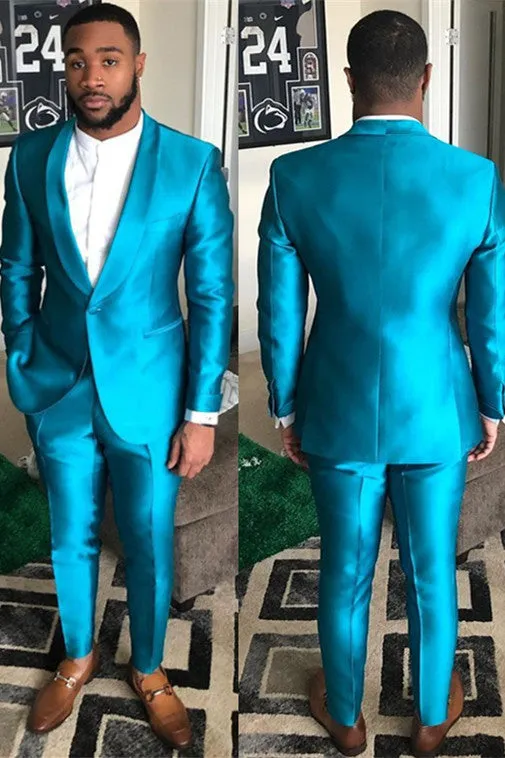 Sparkly Blue Shawl Collar One Button Slim Fit Men’s Prom Suits