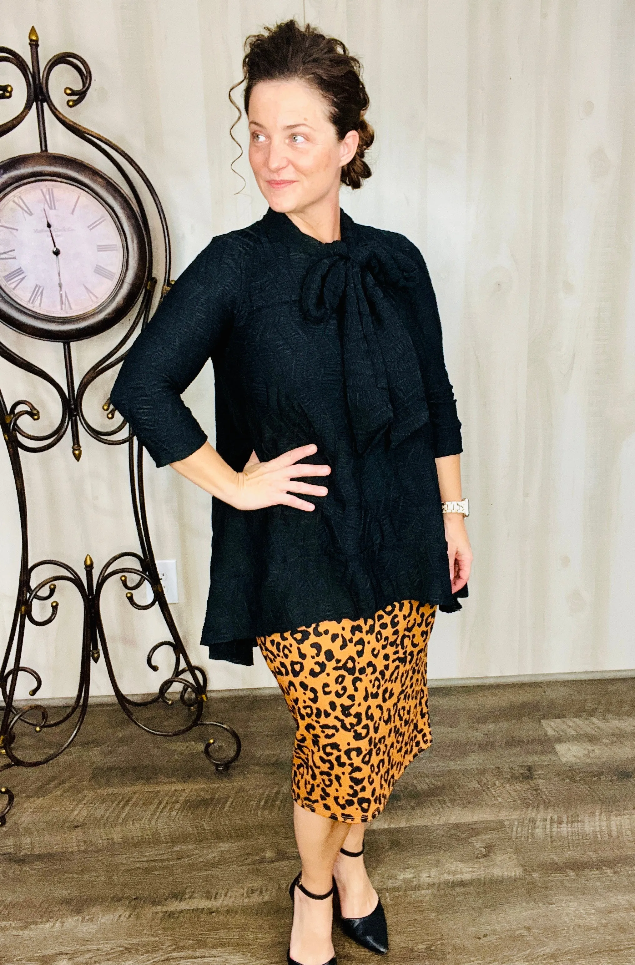 Stephanie Black Textured & Bow Tunic