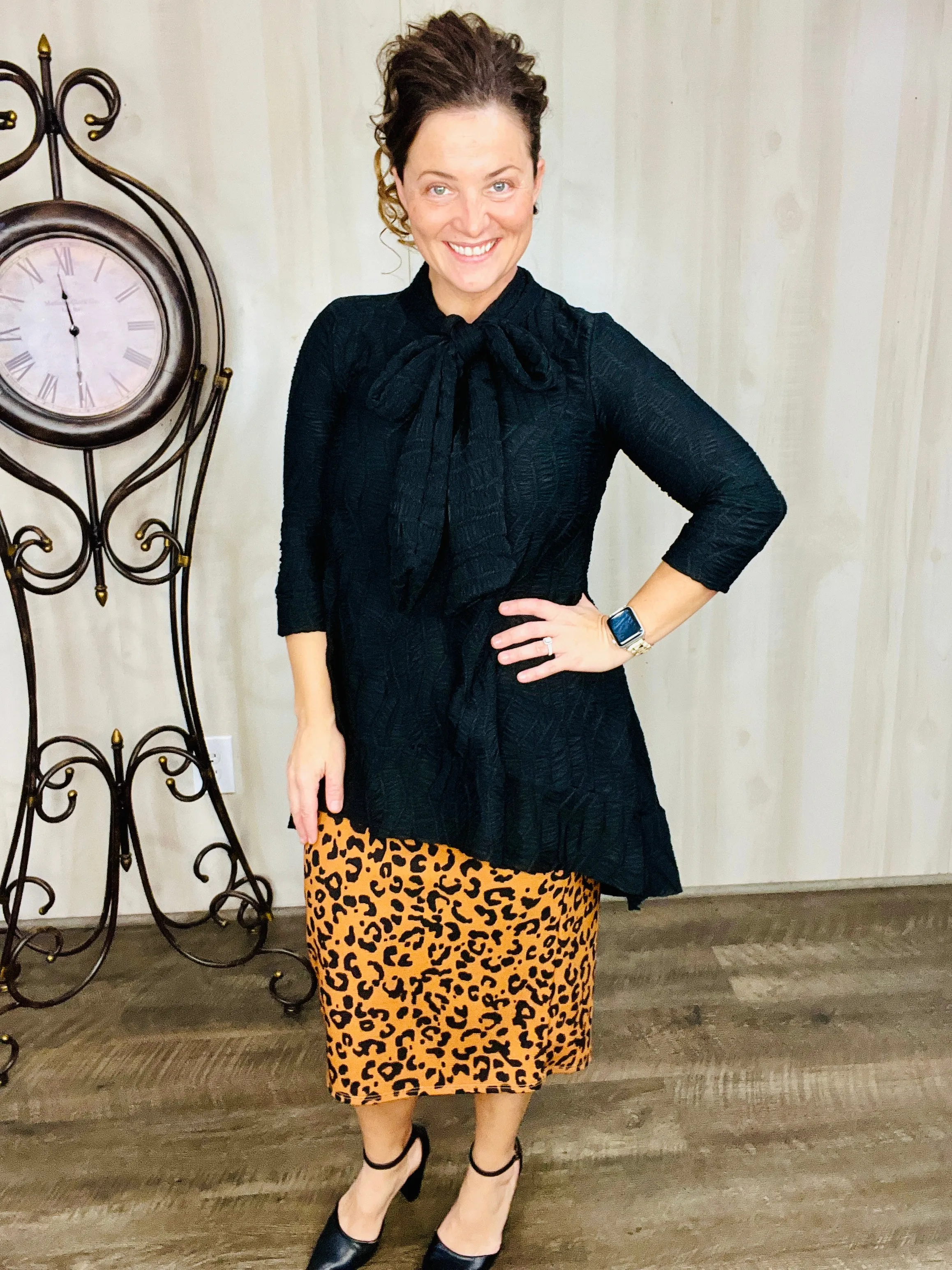 Stephanie Black Textured & Bow Tunic