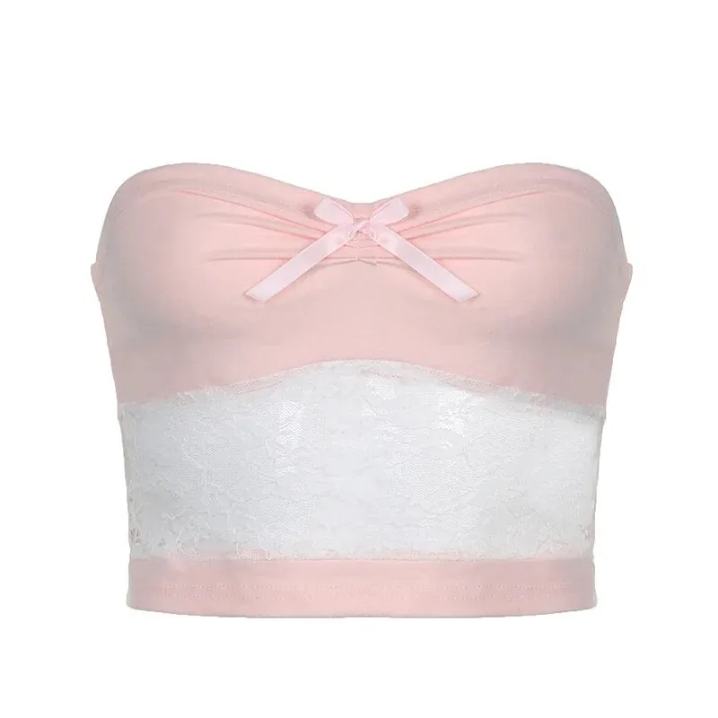 Sweet Pink Bow Fold Lace Spliced Strapless Top